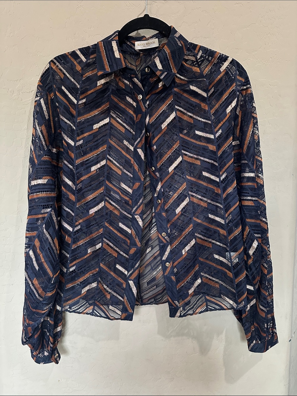 Ramy Brook Navy, Copper & White Chevron Button-Down Blouse